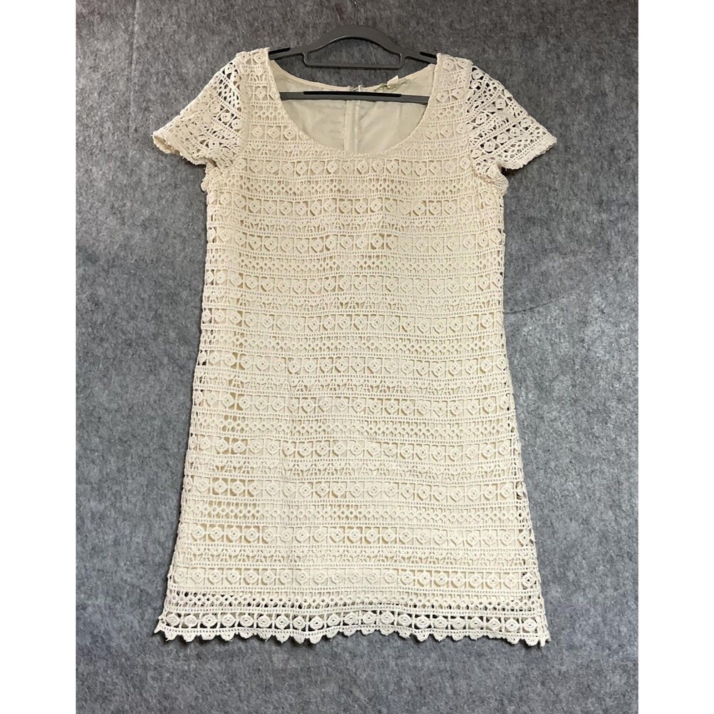 Staring At Stars Dress Womens M Cream Crochet Shift Short Sleeve Lined Boho